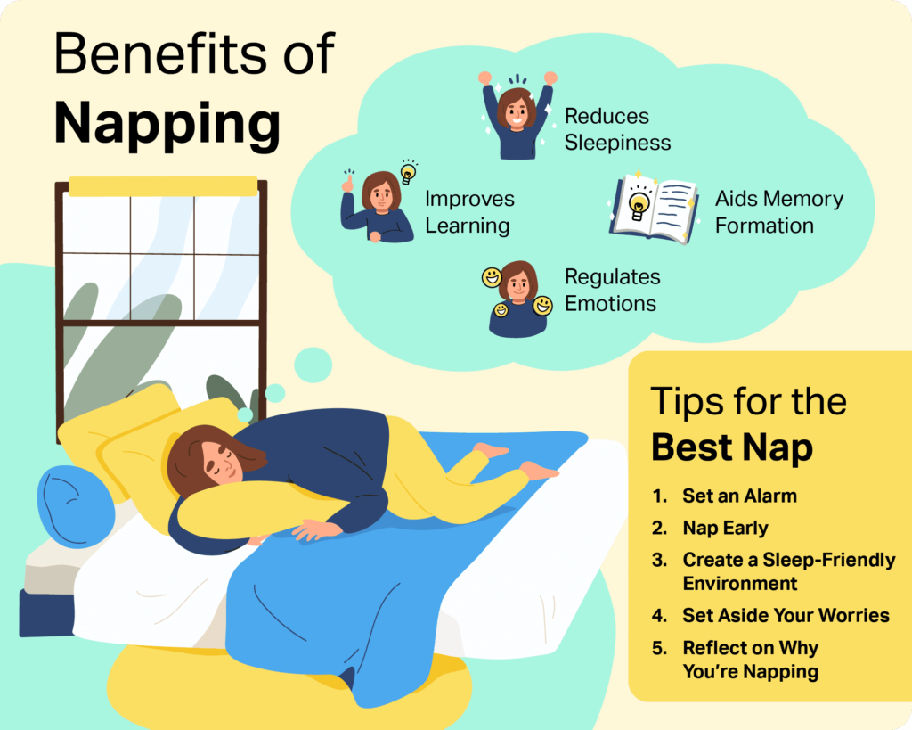 Benefits of napping include reduced sleepiness, better memory, improved learning, and balanced mood.